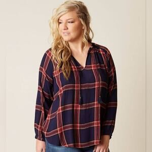 LUCKY BRAND Red Plaid Tassel Long Sleeve Peasant Top Boho Plus Size 1X